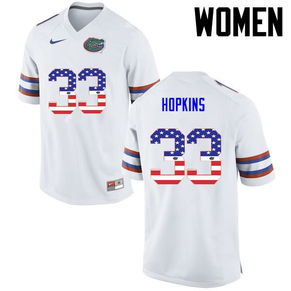 Women's NCAA Florida Gators Tyriek Hopkins #33 Stitched Authentic USA Flag Fashion Nike White College Football Jersey GWF8865QN